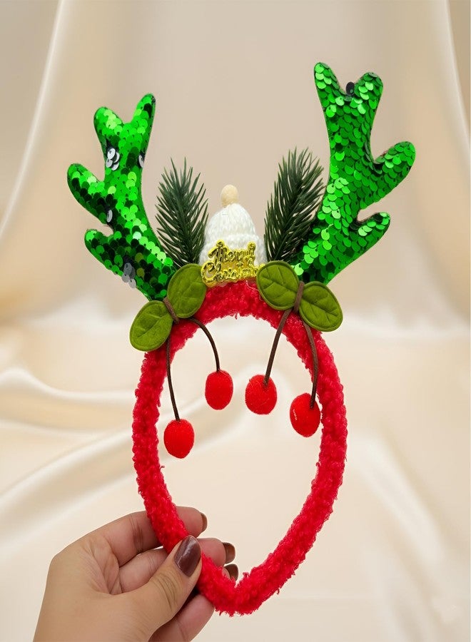 ascension Christmas Reindeer Antler Headband Furry Red Band with Green Sequin Antlers, Cherries & Merry Christmas Tag for Kids Adult Xmas Party Decor Xmas Gift for Children (Pack of 2) - Image 4